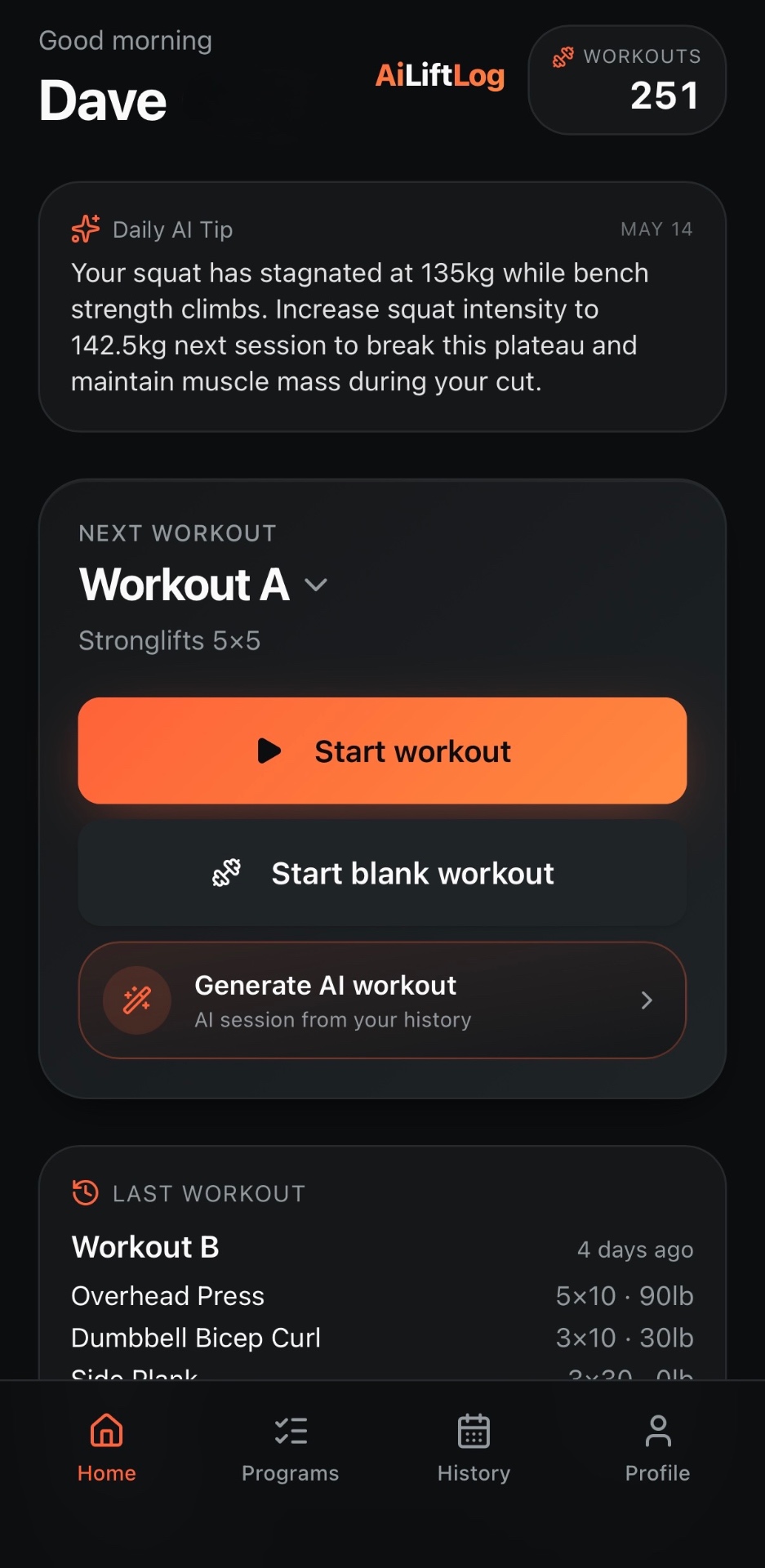 AI personal trainer dashboard in AILiftLog