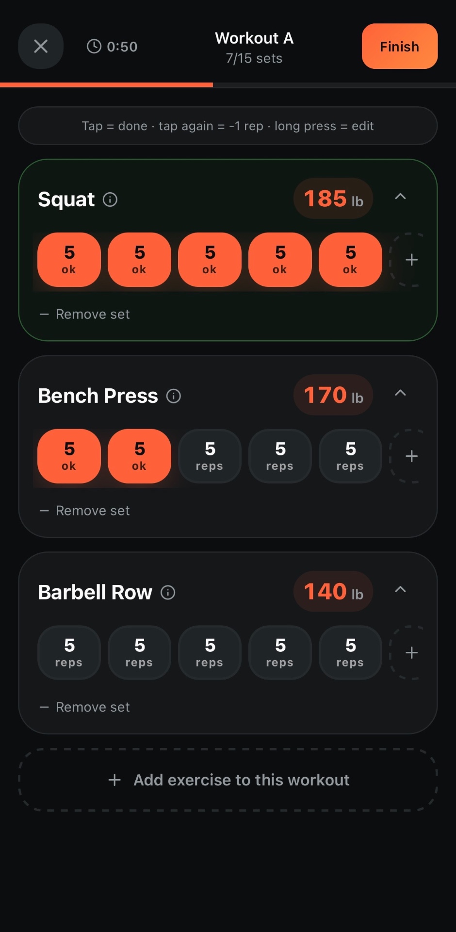 Stronglifts 5×5 workout in progress in AILiftLog