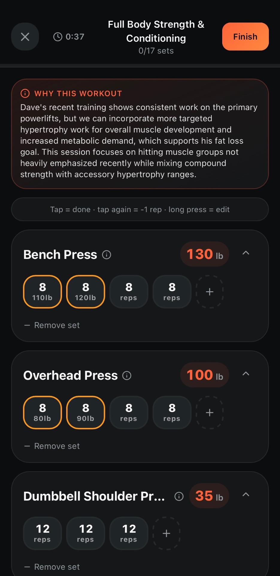 AI-generated workout in AILiftLog